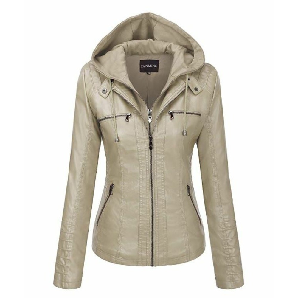 Tanming Women's Removable Hooded Faux Leather Jacket SIZE SMALL APRICOT BLUSH